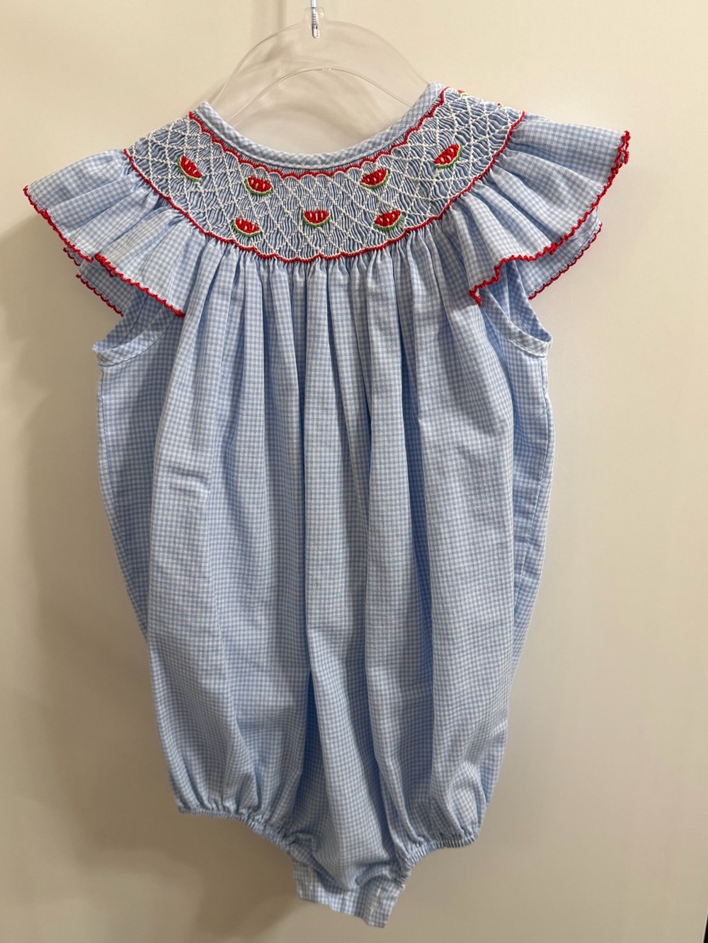 Blue Gingham Smocked Baby Romper with Red Embroidery
